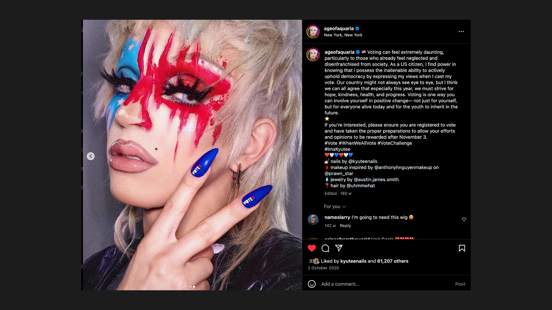 Hero influencer post by @ageofaquaria with Vote 2020 nails